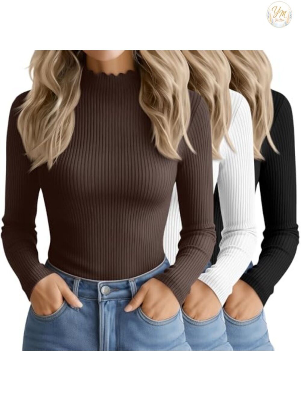 Cotton Ribbed Long Sleeve Tops 3-Pack Mock Neck Layering Tees